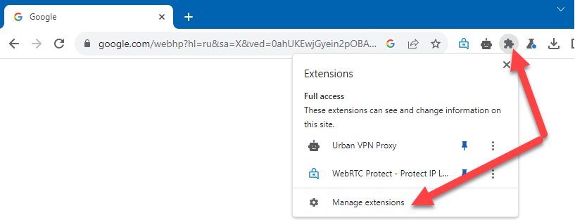 Open Extensions Page